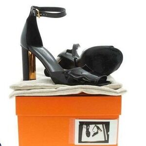 Hermes Madison Patent Leather Gold‎ Block Heel Peep Toe Shoes SZ 39.5